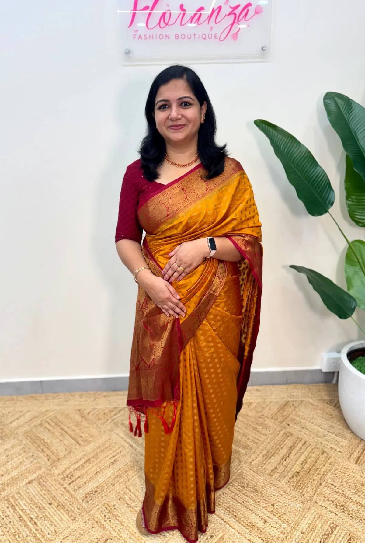 PRE BOOK Party wear Semi Banarasi Saree - Mustard Yellow plus Reddish Maroon